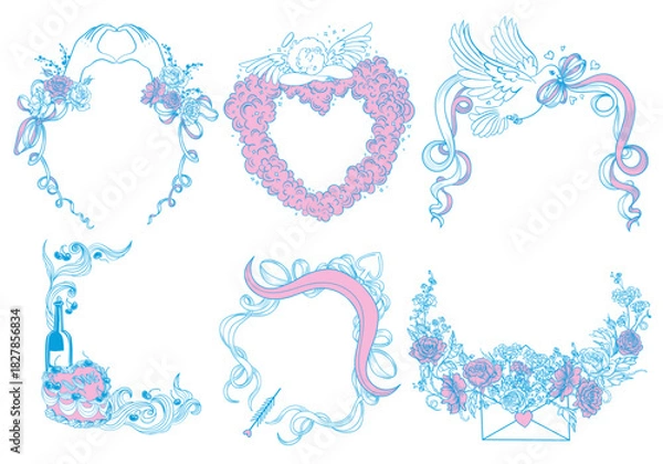 Obraz A set of 6 romantic decorative frames. Elegant with bows and roses, cute with a festive cake, charming with an angel on clouds, classic with Cupid's bow and arrows, an envelope with flowers, a dove 