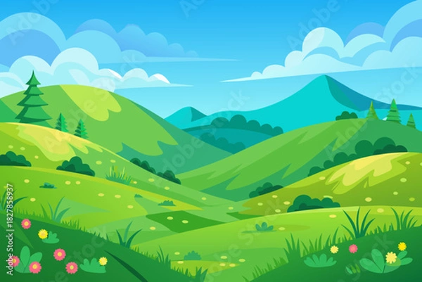 Fototapeta Stylized cartoon valley with green hills, scattered trees, and a bright blue sky with clouds bushes