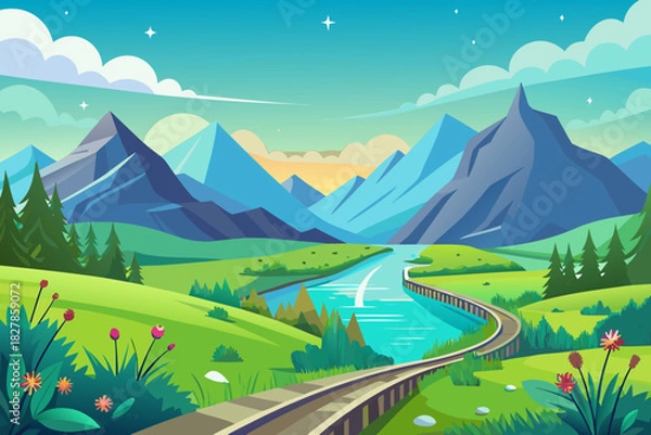 Obraz Stylized cartoon landscape with winding train tracks crossing a turquoise river and blue mountains nature