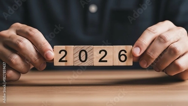 Fototapeta 3d illustration of the year 2026 is displayed on wooden blocks held by hands, symbolizing future planning, forecasting, and anticipation of upcoming events and milestones