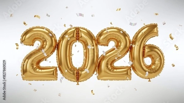 Fototapeta 3d illustration of golden 2026 balloon numbers isolated on white background, symbolizing the upcoming year with confetti, perfect for new year celebrations and events