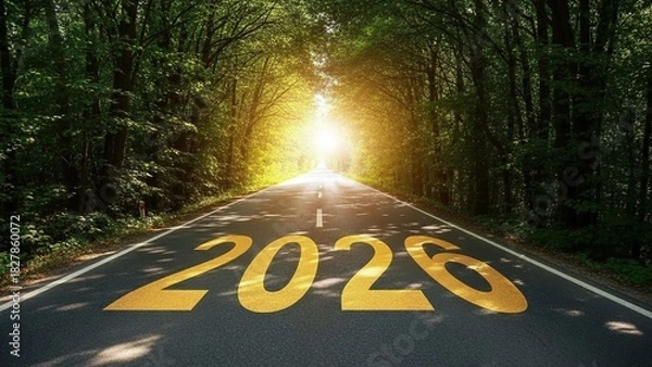 Fototapeta 3d illustration of the road to 2026 a journey through a forest tunnel, illuminated by the bright light at the end, symbolizing hope and new beginnings for the coming year