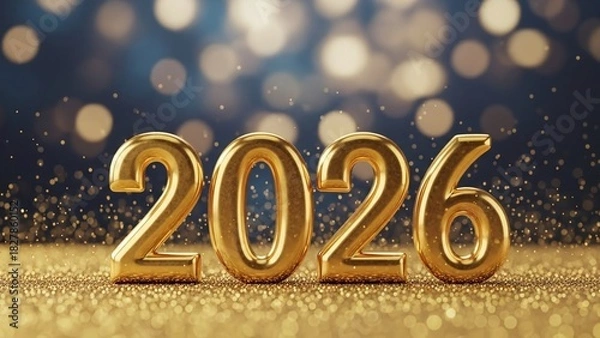 Fototapeta 3d illustration of golden 2026 numerals on a glittery surface against a bokeh background, symbolizing the upcoming year with festive elegance and anticipation for future events