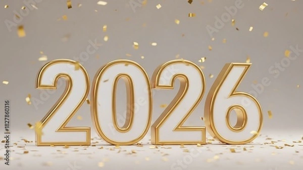 Fototapeta 3d illustration of golden 2026 new year celebration with confetti isolated on white background, symbolizing hope and prosperity for the upcoming year with festive elegance