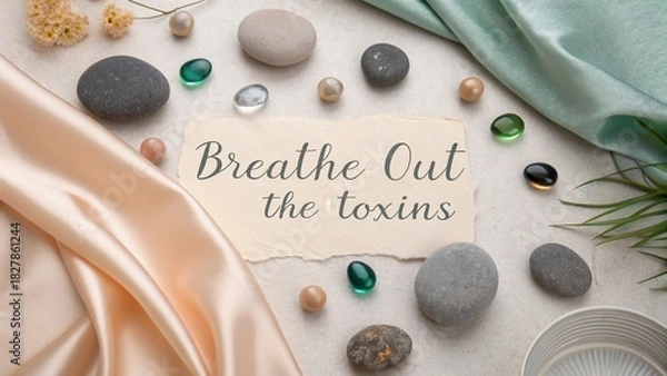Obraz Flat lay of inspirational quote Breathe Out the Toxins with decor
