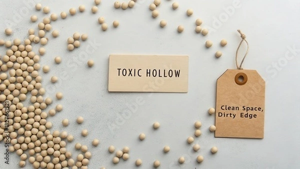 Obraz Flat lay of toxic hollow label and scattered particles