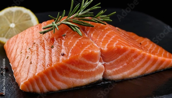 Fototapeta Red salted fish on a cutting board with rosemary and lemon
7