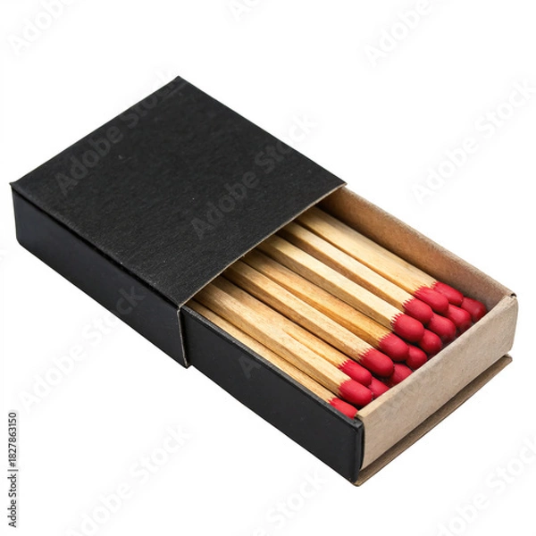 Obraz A black box filled with wooden matches stands open, showcasing red-tipped match heads isolated on transparent background