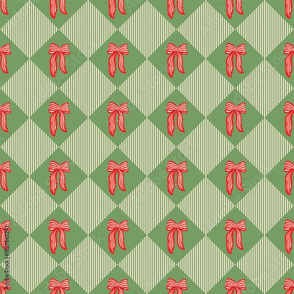 Fototapeta Preppy coquette bow rhombus diamond Christmas seamless pattern wrapping paper, fabric, textile