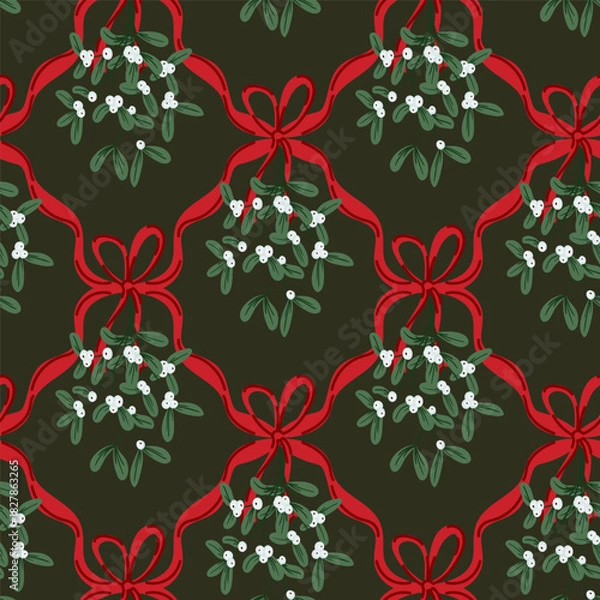 Fototapeta Preppy mistletoe christmas floral coquette bow Christmas seamless pattern wrapping paper, fabric