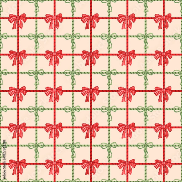 Fototapeta Christmas seamless pattern red green striped ribbon bow checkered background candy cane grid textile