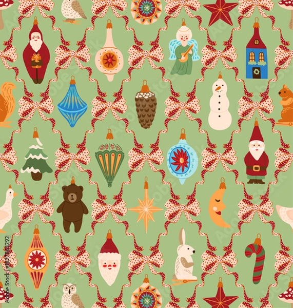 Fototapeta Preppy coquette ribbon bow Christmas toys ornament Damask seamless pattern wrapping, fabric, textile