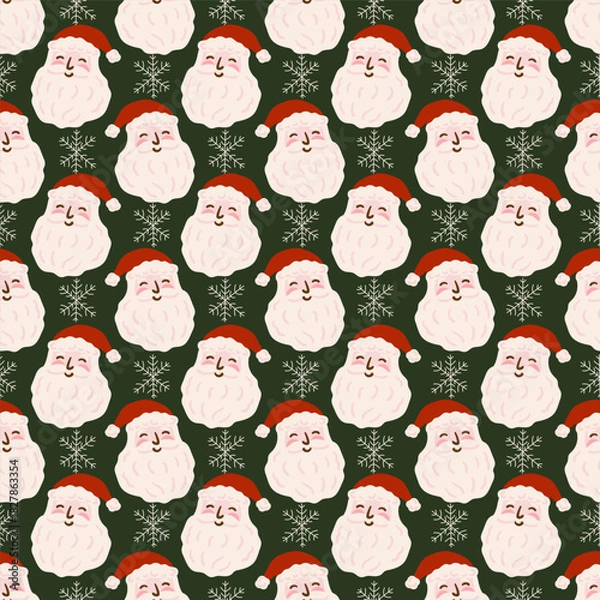 Fototapeta Christmas Santa Claus snowflake Green holidays Seamless Pattern textile fabric wrap scrapbooking