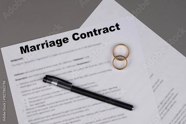 Fototapeta Marriage contract or Marital Settlement Separation Agreement  paper document with wedding rings on table, ready for signature, symbolizing divorce, prenuptial contract, prenup, breakup.