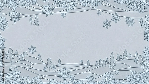 Fototapeta Embossed Winter Frame Background with Snowflakes and Pine Trees. Festive Holiday Border Template