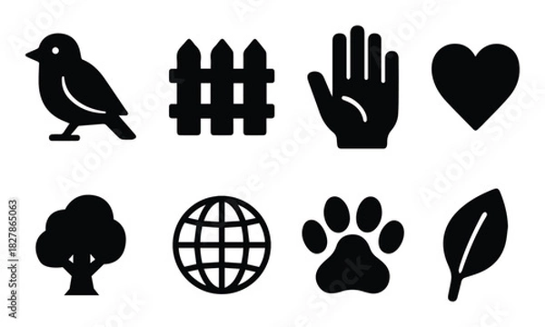 Fototapeta Wildlife Icon Set. Wildlife Welfare Collection silhouette icon set: paw print, tree, heart, globe, hand, bird, leaf, fence. Wildlife Icon. vector illustration eps file. 