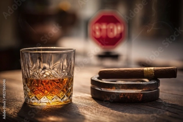 Fototapeta A crystal glass of whiskey sits beside a lit cigar in an ashtray against a blurred background with a stop sign
