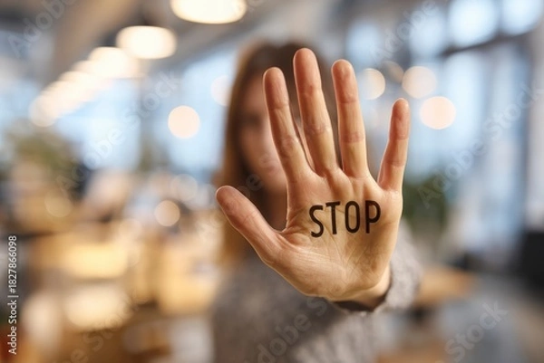 Fototapeta A blurred figures hand palm facing forward with the word STOP written on it Background is blurry with light fixtures and interior setting