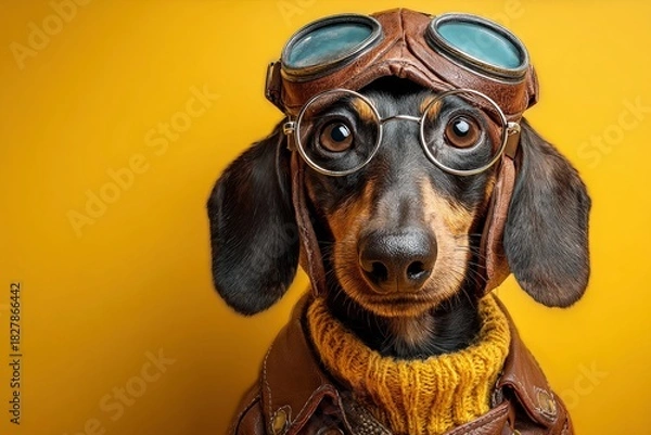 Fototapeta A dachshund wears aviator goggles and round glasses with a yellow sweater and brown leather jacket