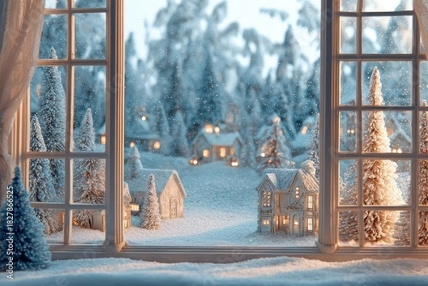 Fototapeta A snow scene viewed through a window featuring miniature houses and trees Snow is falling