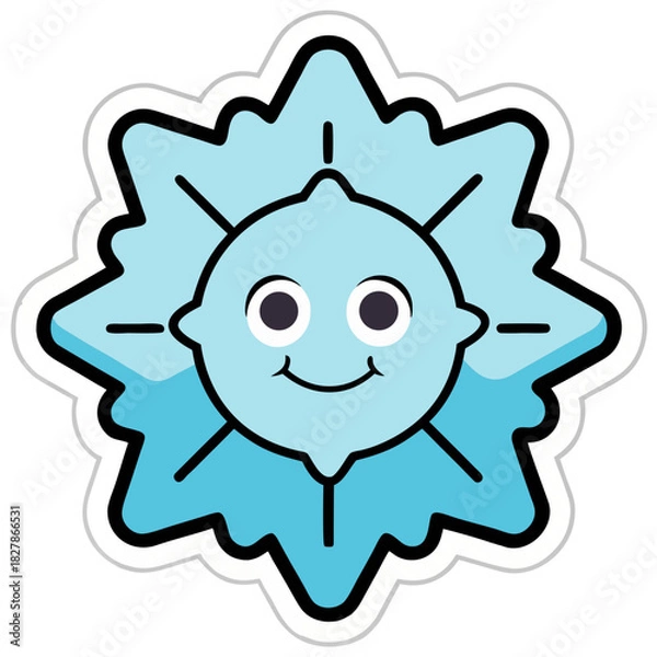 Fototapeta Cheerful Snowflake Emblem sticker: A charming illustration depicts a smiling snowflake emblem. Its delicate ice crystal shape, coupled with a happy face, embodies the whimsical essence of winter. 