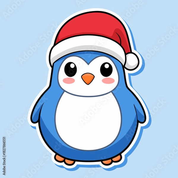 Fototapeta Festive Penguin sticker: A charming and cheerful penguin adorned with a Santa hat, embodying the spirit of winter holiday and creating a heartwarming ambiance.