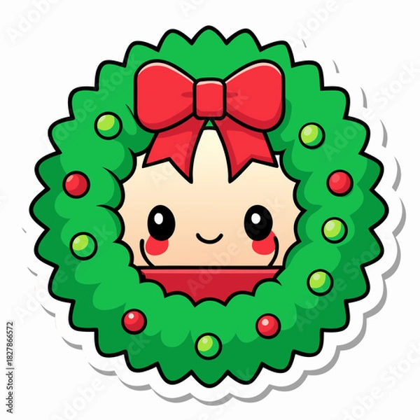 Fototapeta Joyful Holiday Wreath sticker : A cheerful Christmas wreath, adorned with festive details and a delightful smiley face, captures the essence of the holiday season and brings warmth and cheer.