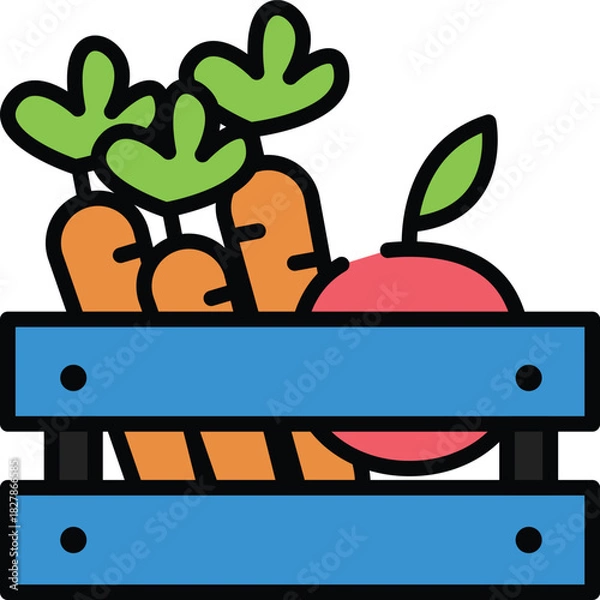 Obraz A simple line icon of a fresh produce crate with carrots and fruit, representing grocery shopping or farm to table delivery