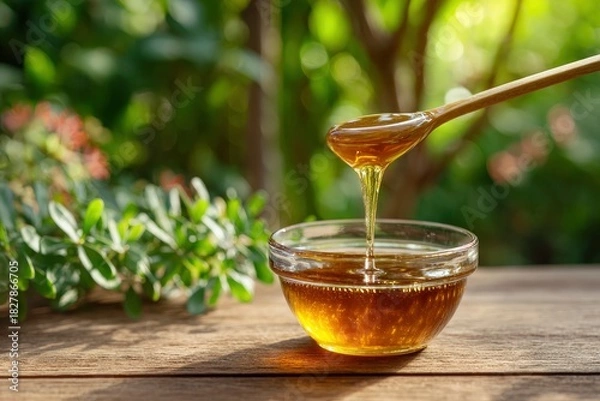 Fototapeta Honey drips from a wooden spoon into a glass bowl set on a wooden surface against a blurred green background