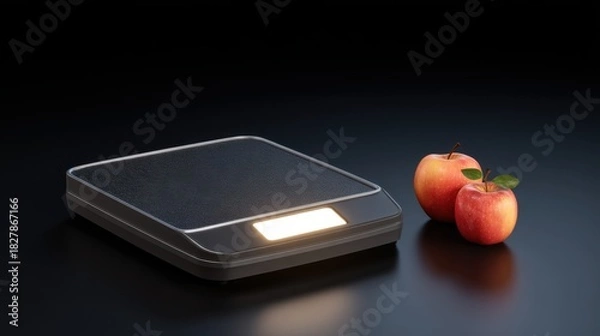 Obraz Modern Kitchen Scale With Glowing Icon Next To Fresh Red Apples