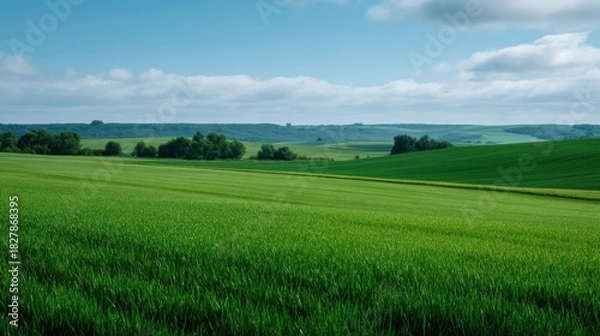 Obraz Expansive Agricultural Field with Lush Greenery and Blue Sky on a Sunny Day