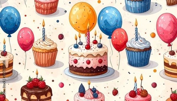 Obraz Cheerful pattern with cakes, cupcakes, and balloons scattered on a light background, celebrating a joyous occasion