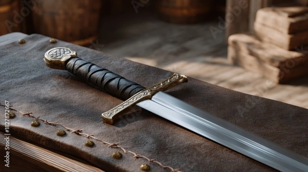 Obraz Leather Wrapped Hilt of Sword Being Rethreaded on Wooden Table with Rustic Background