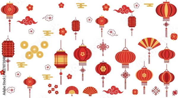 Fototapeta Collection of traditional Chinese New Year decorations including red lanterns, fans, knots, coins, and plum blossoms on a white background.