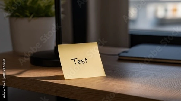 Obraz Illuminated Desk Scene with Sticky Note Highlighted by Desk Lamp Light