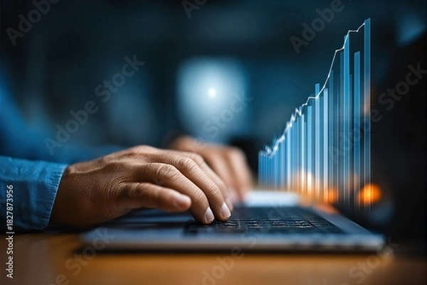 Obraz Hands Working on Laptop with Digital Graph Representing Growth in Business Analytics