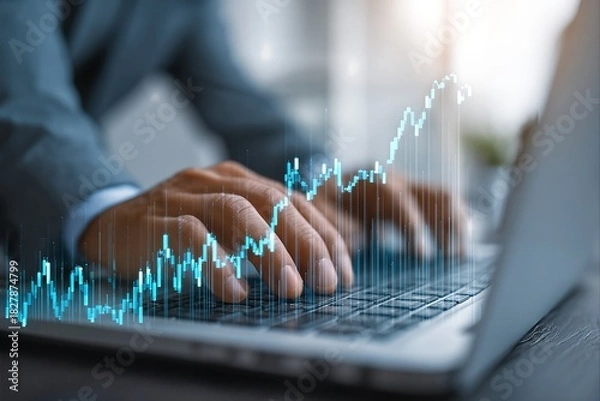 Obraz Businessman Analyzing Financial Data on Laptop with Stock Market Graph and Economic Trends
