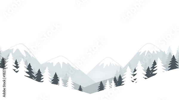 Fototapeta Monochrome Mountain Landscape Background with Pine Forest. Minimalist Winter Flat Design Template