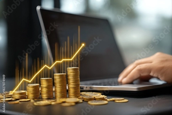 Obraz Golden Coins Stacked with an Ascending Graph on a Modern Laptop in a Professional Environment