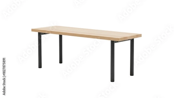Obraz Rectangular light wood table with four black cylindrical legs, isolated on black background