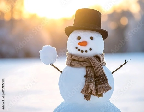 Obraz Cheerful snowman with a hat and scarf stands on snow in golden light