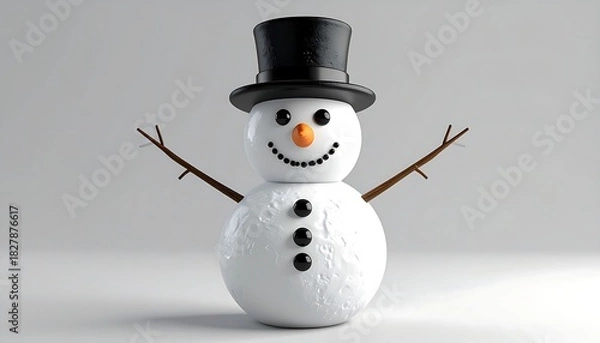 Obraz Cheerful snowman with a top hat, carrot nose, and twig arms standing against a plain background
