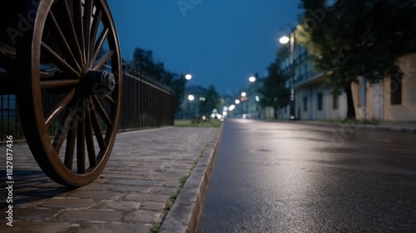Obraz Vintage Wheels Turning on a Wet Street in Soft Light During Long Exposure Capture