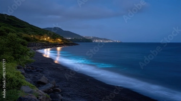 Obraz Long Exposure Shot of Glowing Bioluminescent Algae at Night on Serene Beach
