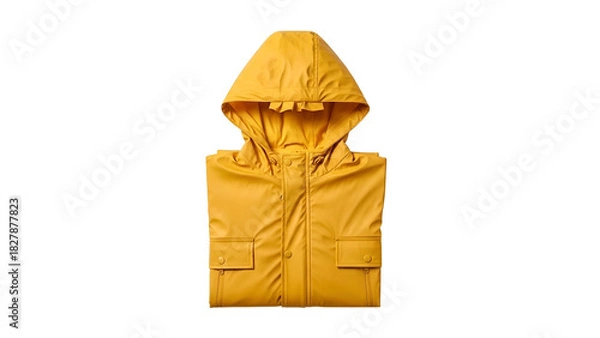 Obraz A folded, bright yellow raincoat with a hood and pockets against a black background