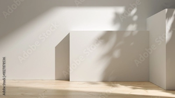 Fototapeta Room with soft warm cozy sunlight and plaster pastel walls with wooden parquet - empty studio room interior design background. Empty room with sunlight and leaves shadows. Room copy space mock up