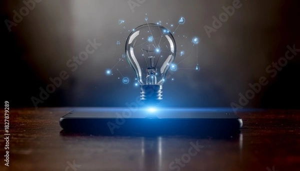 Fototapeta Holographic Lightbulb Business Idea Emerging from Mobile Device