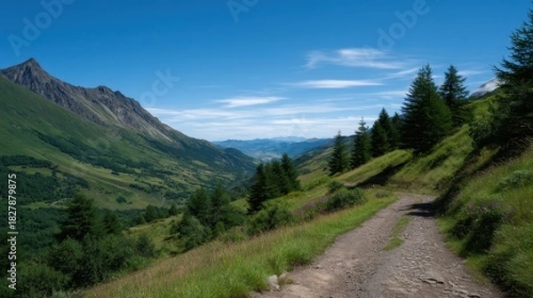 Obraz Scenic Mountain Path with Lush Greenery and Clear Blue Sky in Breathtaking Landscape