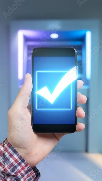 Fototapeta Mobile ATM Cash-Out Success Hologram with Biometric Checkmark