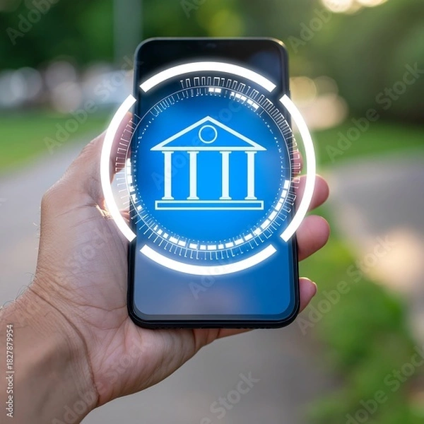 Fototapeta Mobile Banking Transfer Confirmed Hologram with FinTech Approval